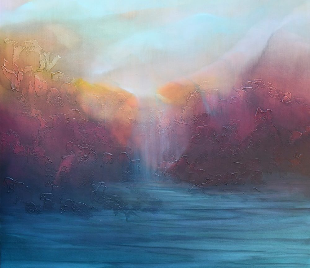 NZ artist Catherine Roberts abstract landscape painting mixed media on canvas at Parnell Gallery