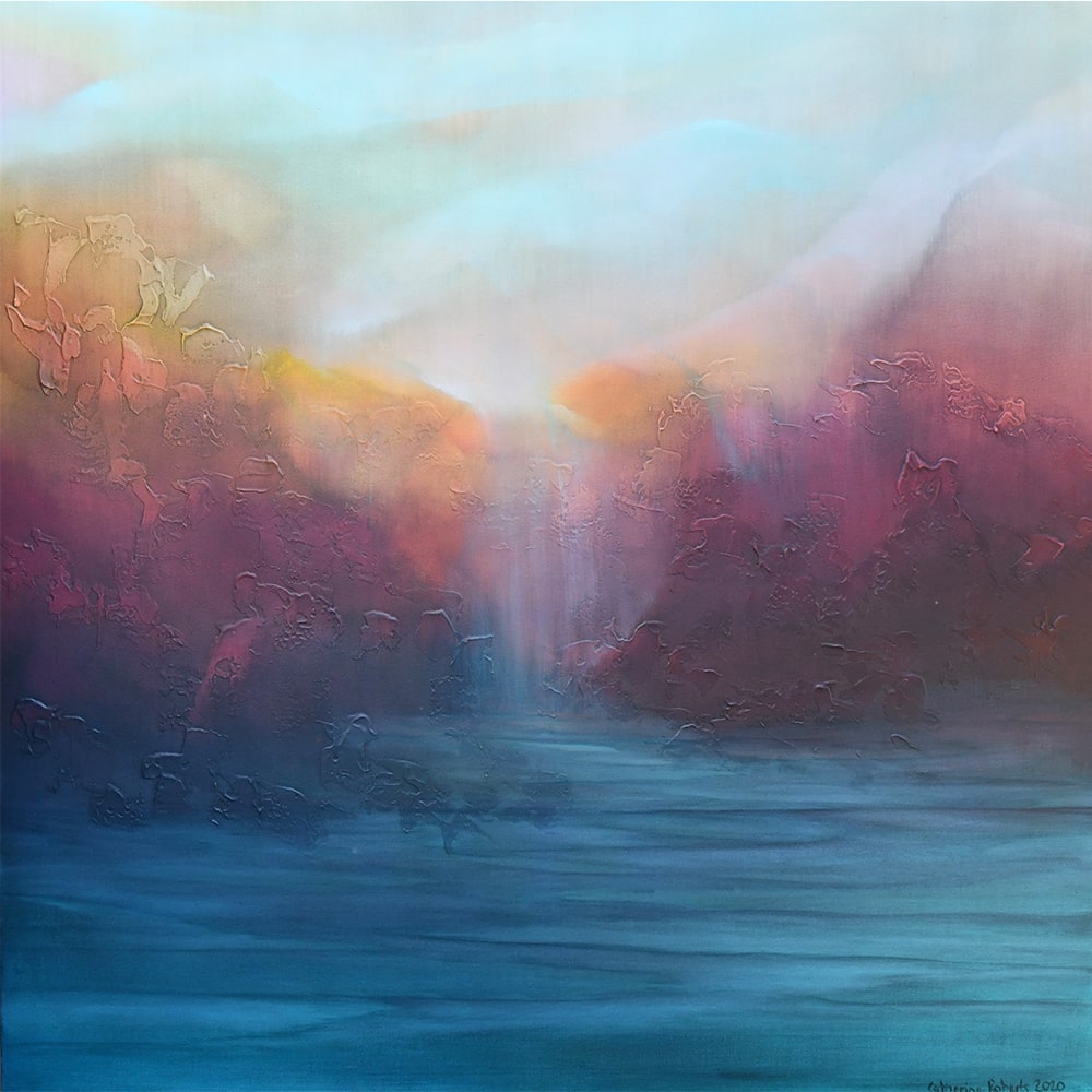 NZ artist Catherine Roberts abstract landscape painting mixed media on canvas at Parnell Gallery