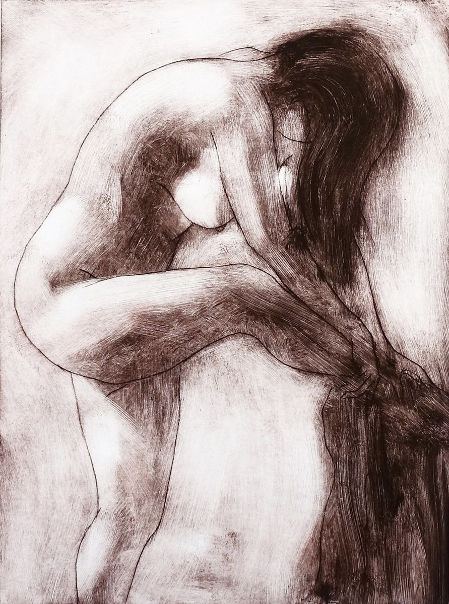 Philip Beadle Woman Drying Her Leg limited edition Drypoint Etching at Parnell Gallery Auckland NZ