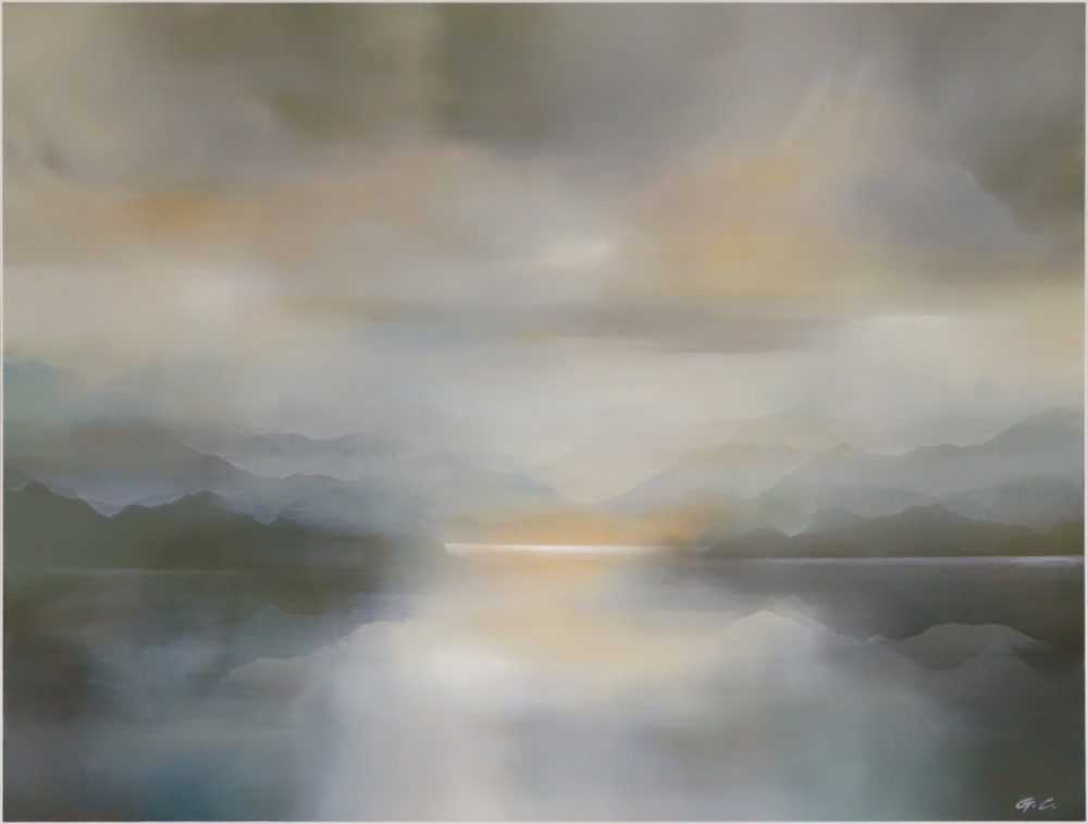Golden Hour original abstracted landscape painting by renowned NZ artist Greer Clayton at Parnell Gallery Auckland NZ