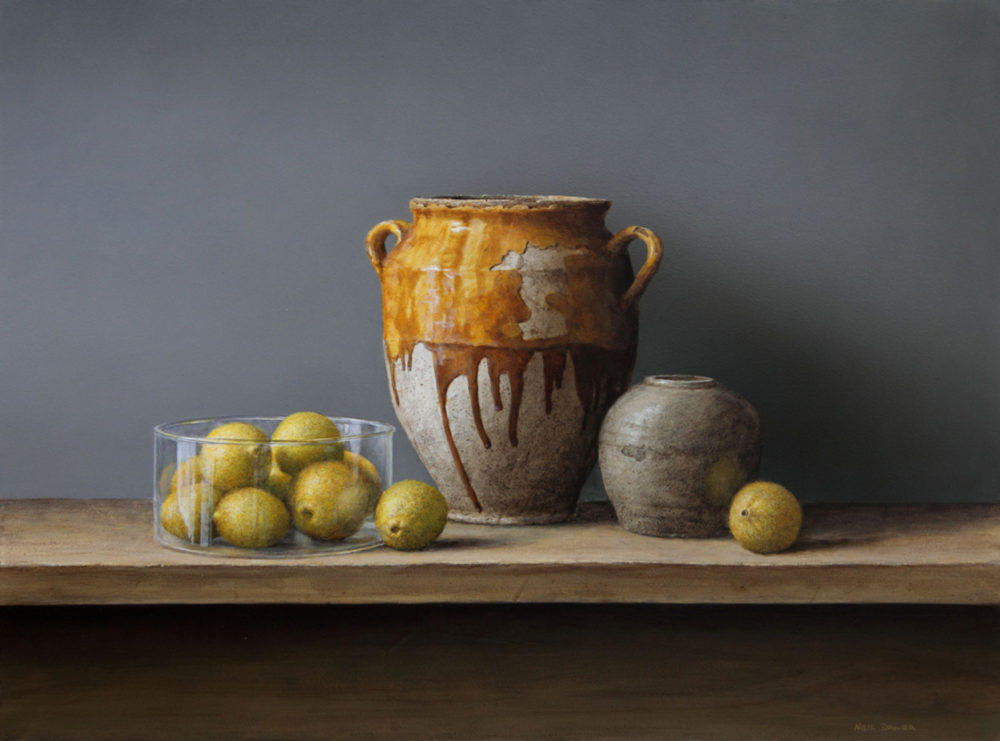 Neil Driver Lemons & Confit Pot original acrylic on board painting at Parnell Gallery Auckland NZ