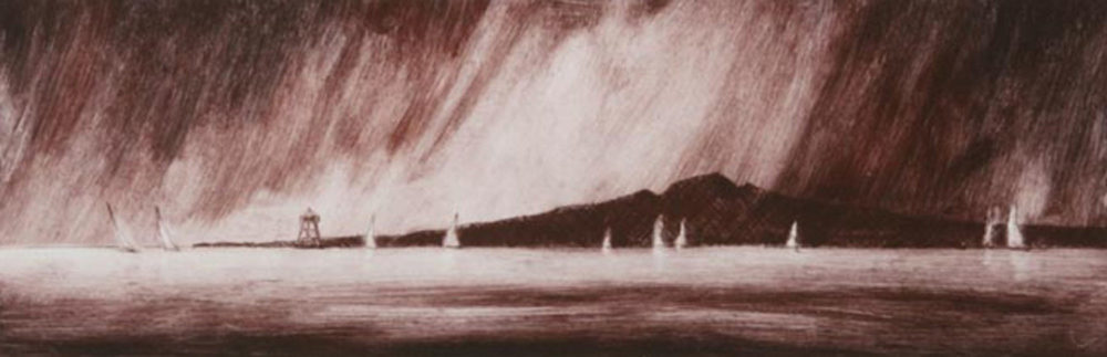 Philip Beadle Rangitoto in the Rain limited edition Drypoint Etching at Parnell Gallery Auckland NZ