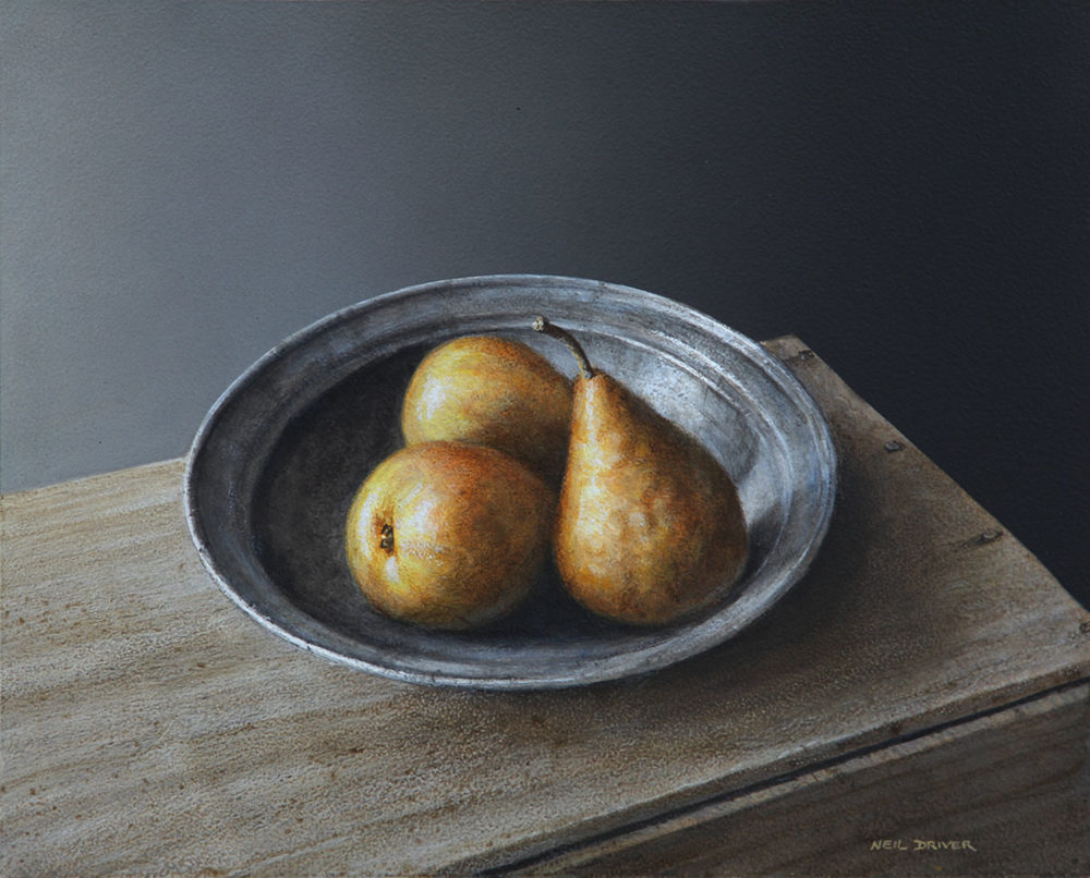 Neil Driver Pears in Pewter Bowl original acrylic on board painting at Parnell Gallery Auckland NZ