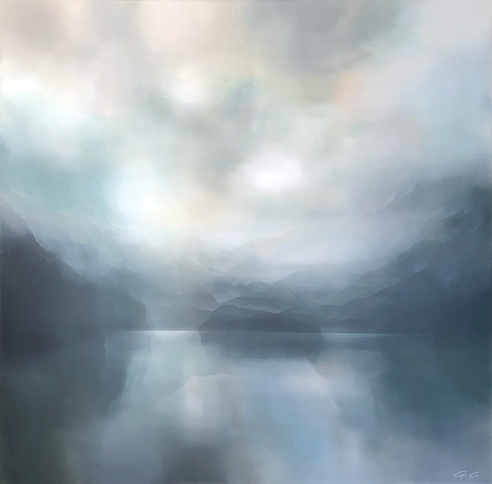 Fiordland Glow original abstracted landscape painting by renowned NZ artist Greer Clayton at Parnell Gallery Auckland NZ