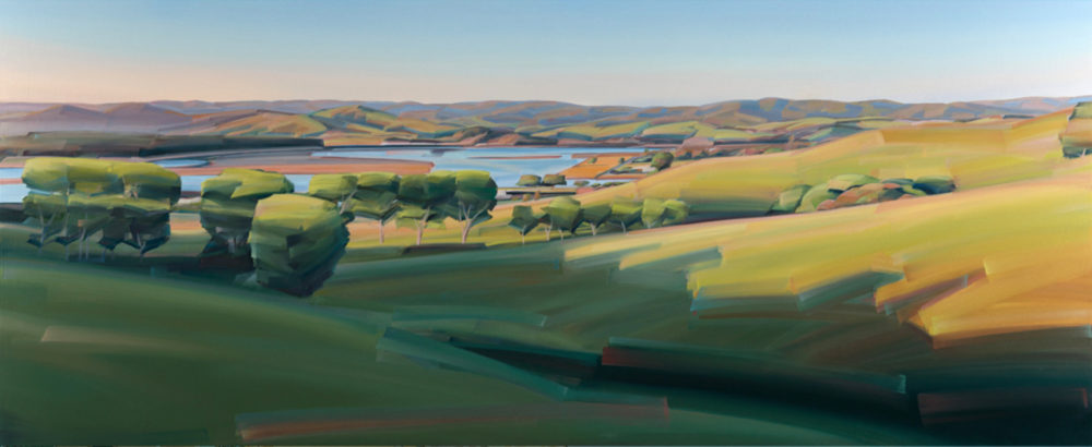 Caroline Bellamy, Morning Glow, Whananaki Bay original New Zealand landscape painting at Parnell Gallery Auckland NZ