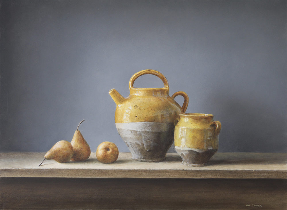 Neil Driver Pears and Yellow Pots original acrylic on board painting at Parnell Gallery Auckland NZ