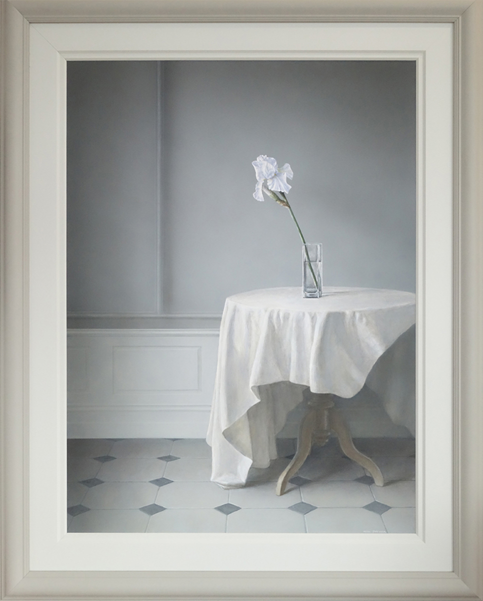 Neil Driver Iris on Round Table original acrylic on board painting at Parnell Gallery Auckland NZ