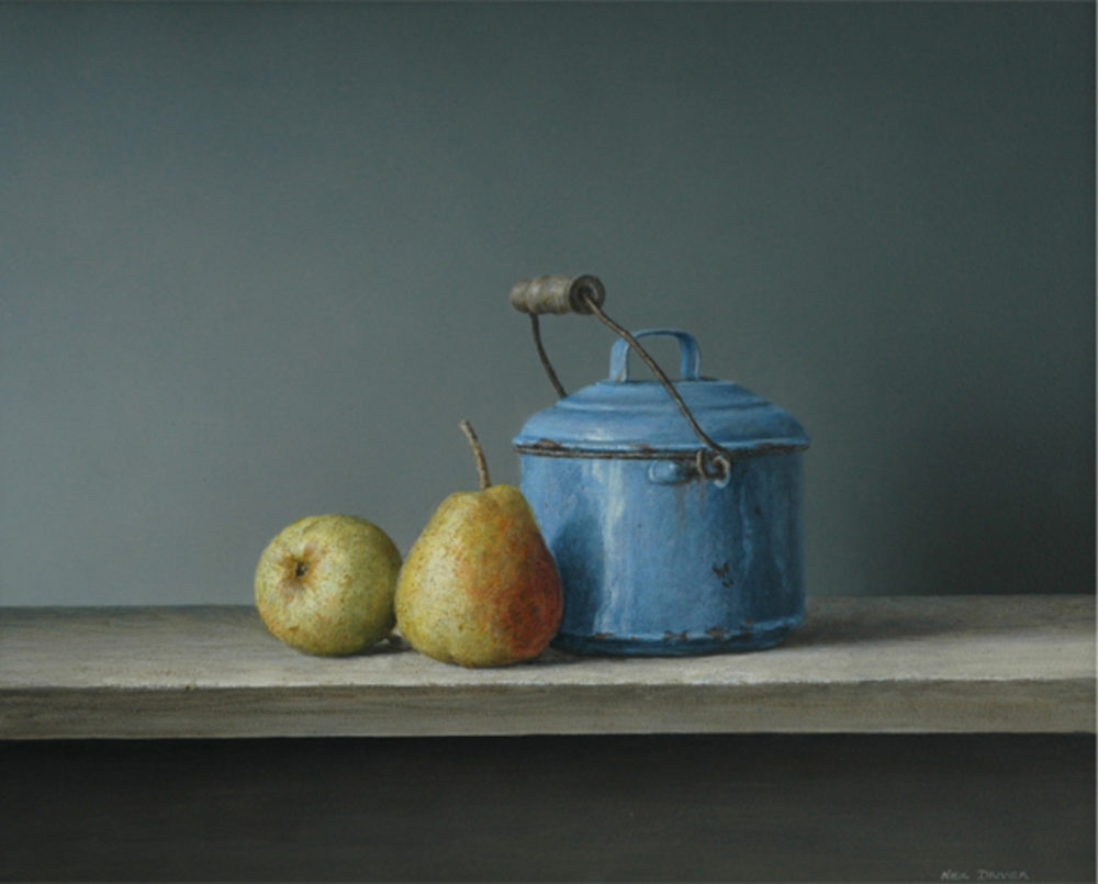 Neil Driver Pears & Blue Enamel original acrylic on board painting at Parnell Gallery Auckland NZ