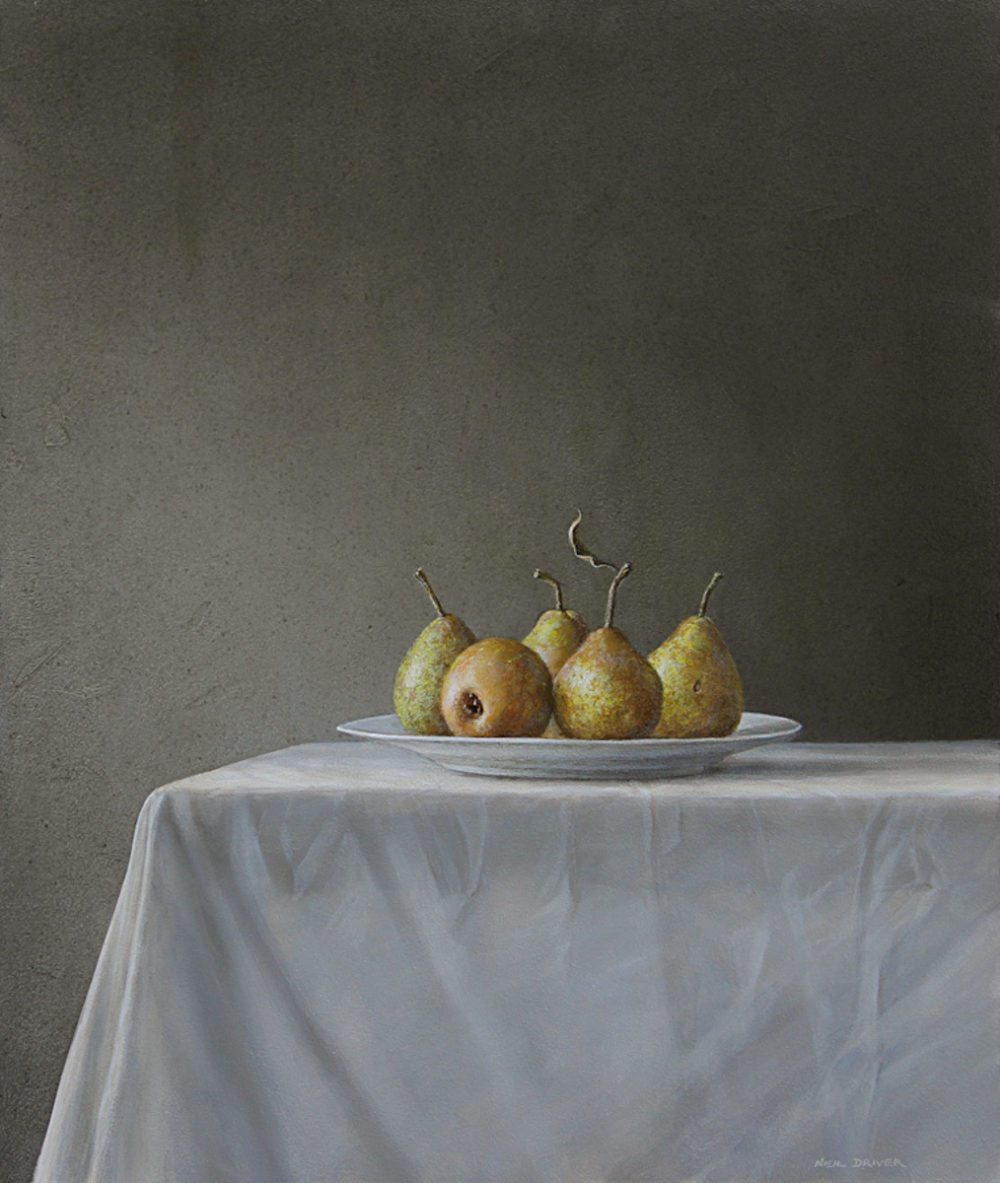 Neil Driver Pears on Plate original acrylic on board painting at Parnell Gallery Auckland NZ