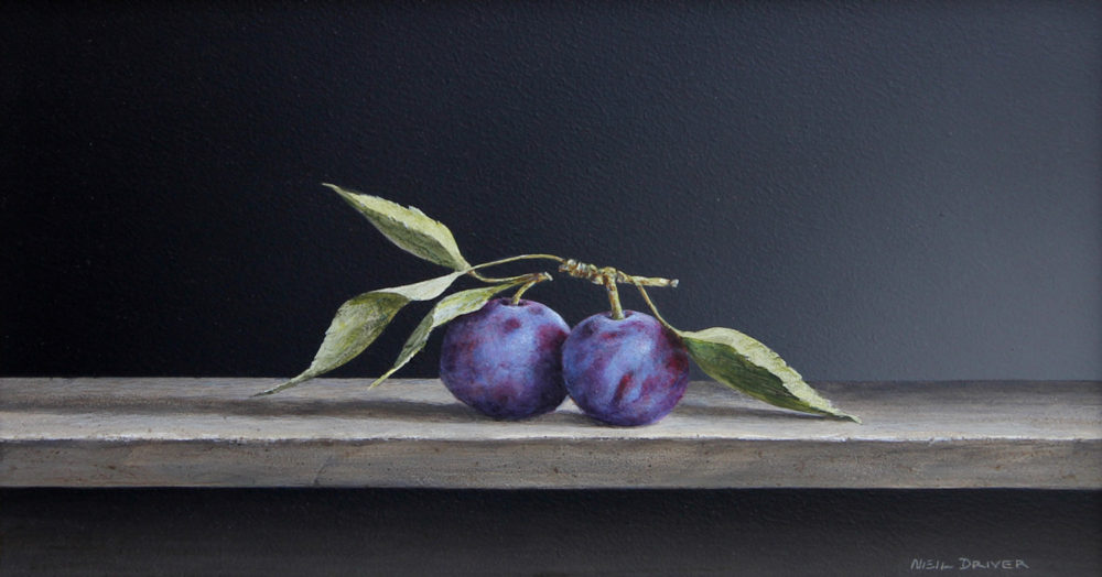 Neil Driver Two Plums original acrylic on board painting at Parnell Gallery Auckland NZ
