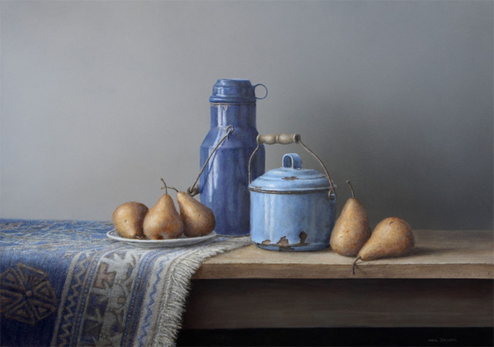 Neil Driver Pears & Blue Enamel original acrylic on board painting at Parnell Gallery Auckland NZ
