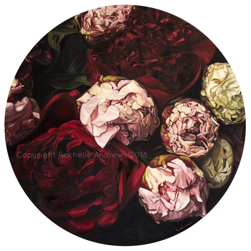Rochelle Andrews Dark Peonies II limited edition giclee floral print at Parnell Gallery Auckland NZ