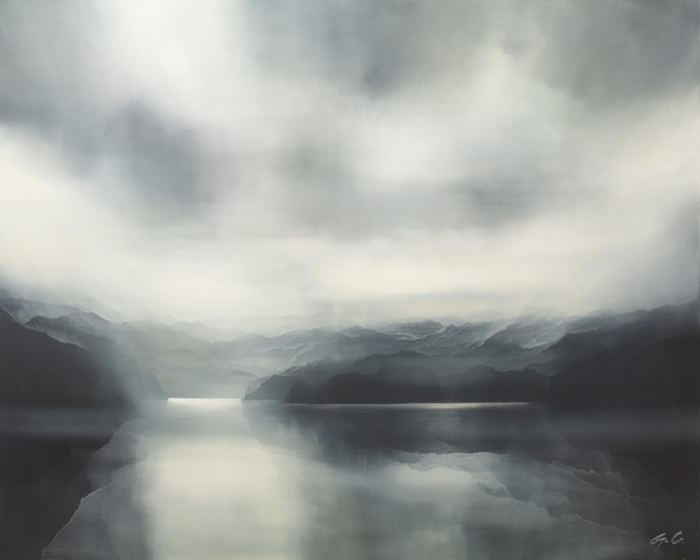 Quiet Reflection original abstracted landscape painting by renowned NZ artist Greer Clayton at Parnell Gallery Auckland NZ