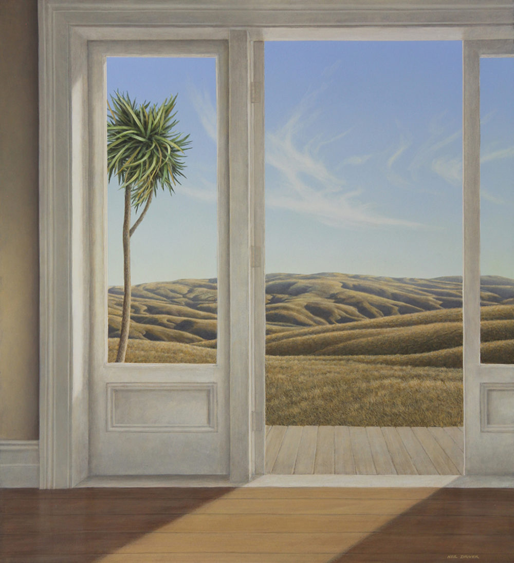 Neil Driver Hills and Cabbage Tree original acrylic on board painting at Parnell Gallery Auckland NZ