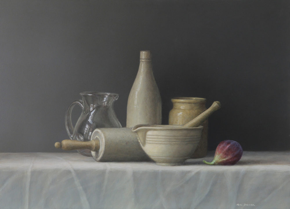 Neil Driver Still Life with Fig original acrylic on board painting at Parnell Gallery Auckland NZ