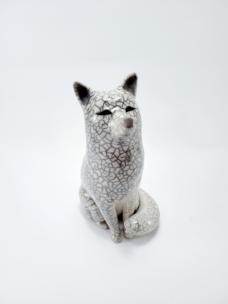 Wilhelmiina Drummond Arctic fox ceramic raku fired sculpture at Parnell Gallery Auckland NZ