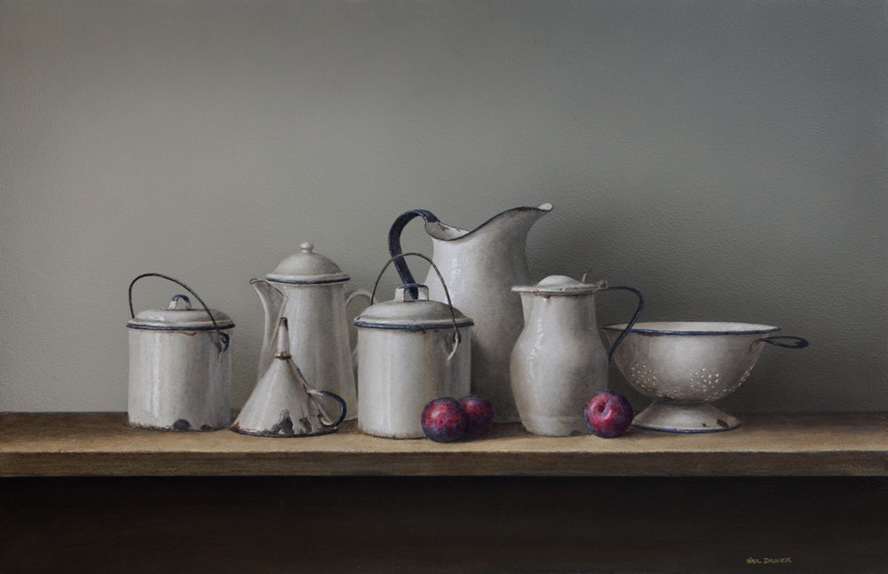 Neil Driver White Enamel & Three Plums original acrylic on board painting at Parnell Gallery Auckland NZ