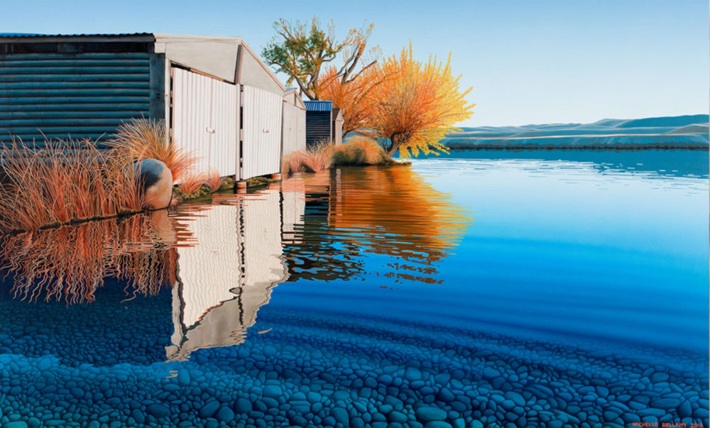 Michelle Bellamy Lake Alexandrina Boatsheds limited edition fine art New Zealand landscape print at Parnell Gallery Auckland NZ