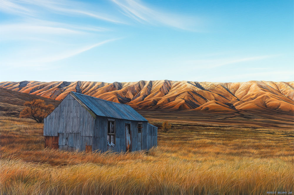 Michelle Bellamy Farmstead, Hawkdun Range limited edition fine art New Zealand landscape print at Parnell Gallery Auckland NZ