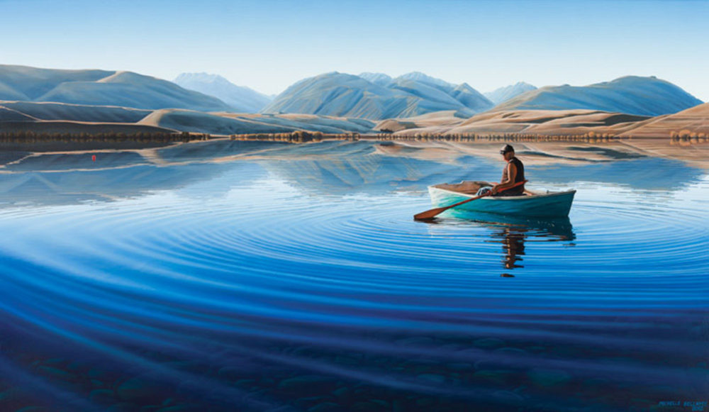 Michelle Bellamy Lake Alexandrina Fisherman limited edition fine art New Zealand landscape print at Parnell Gallery Auckland NZ