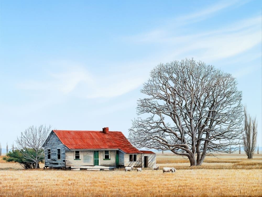 Michelle Bellamy Farmhouse, Napier-Hastings Highway limited edition fine art landscape print at Parnell Gallery Auckland NZ