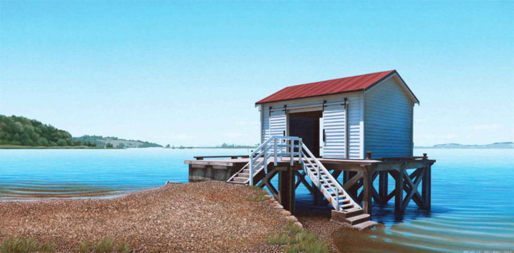 Michelle Bellamy Big Omaha Wharf limited edition fine art New Zealand landscape print at Parnell Gallery Auckland NZ