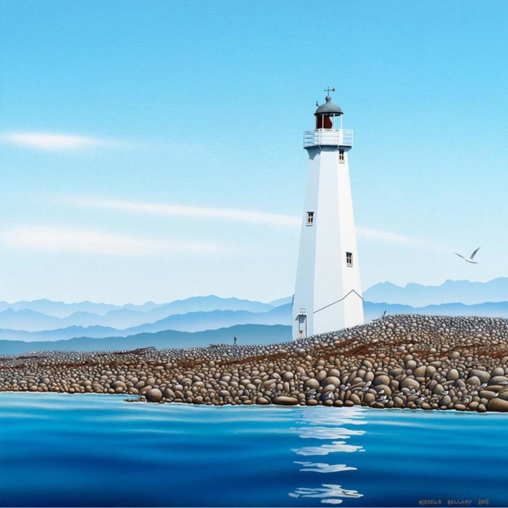 Michelle Bellamy Misty Mountains behind the Nelson Lighthouse limited edition fine art Nelson landscape print at Parnell Gallery Auckland NZ