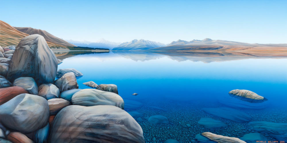 Michelle Bellamy Mt Cook Across Lake Pukaki limited edition fine art landscape print at Parnell Gallery Auckland NZ