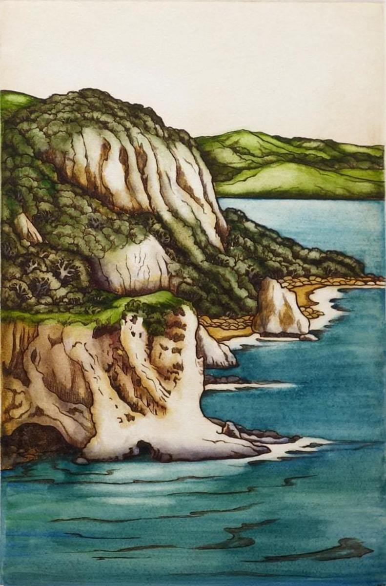 Mary Taylor Cathedral Cove hand coloured NZ landscape etching limited edition print at Parnell Gallery Auckland NZ