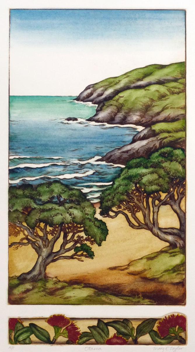Mary Taylor Otama hand coloured NZ landscape etching limited edition print at Parnell Gallery Auckland NZ
