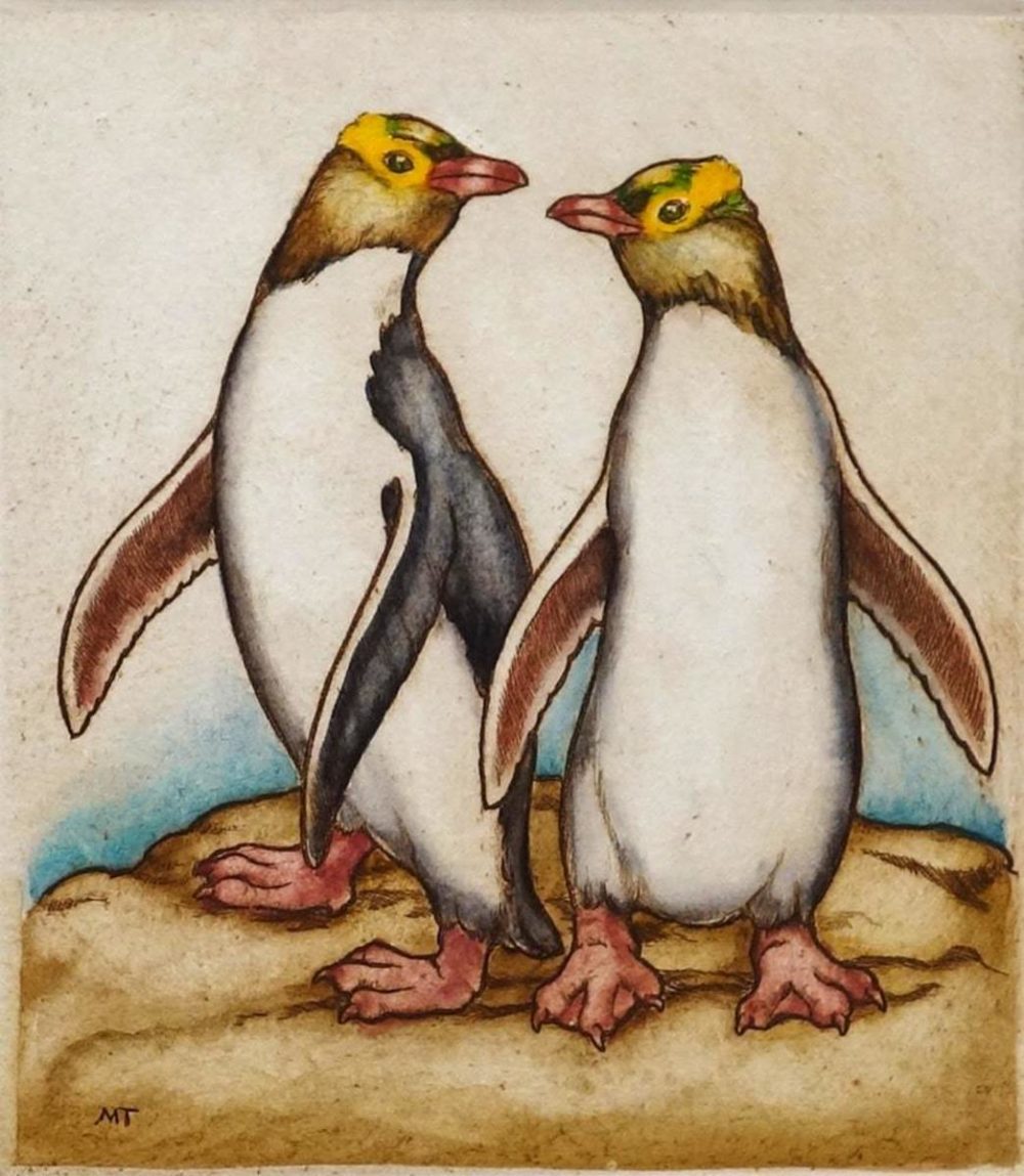 Mary Taylor Dyptoe & Marina Yellow Eyed Penguin hand coloured etching NZ bird limited edition print at Parnell Gallery Auckland NZ