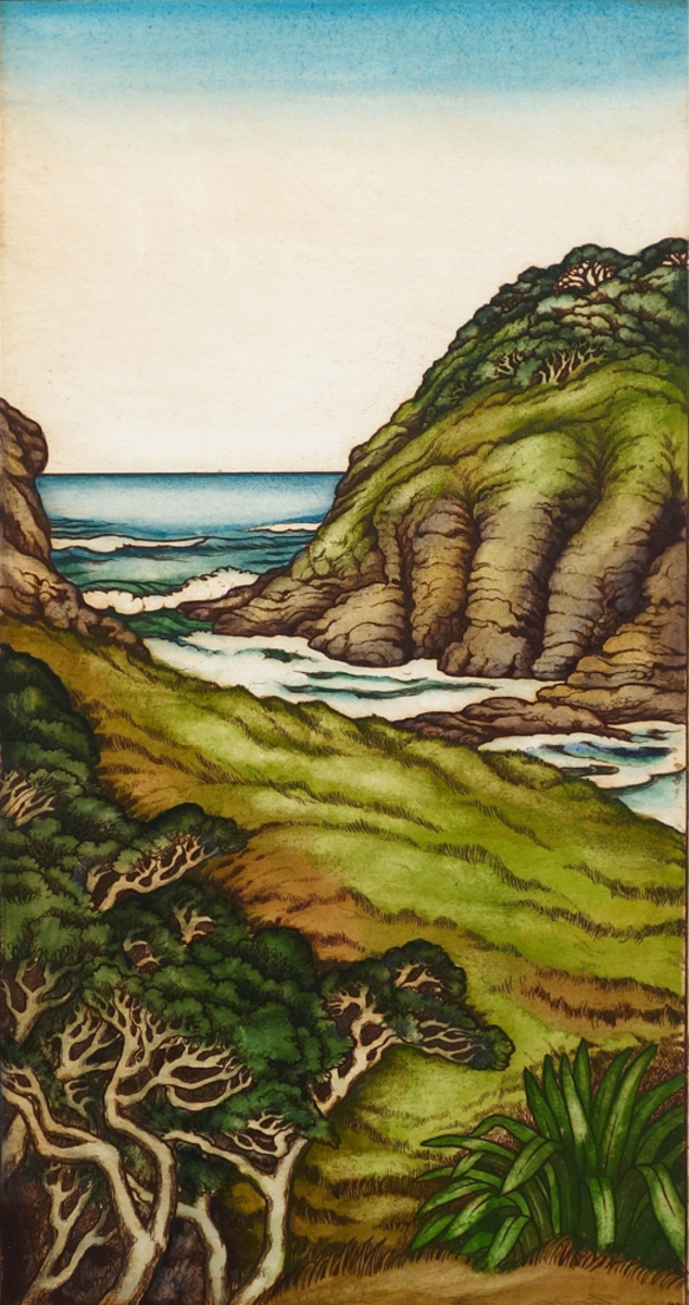 Mary Taylor Te Henga Coastline hand coloured NZ landscape etching limited edition print at Parnell Gallery Auckland NZ