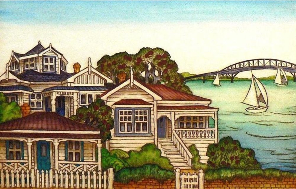 Mary Taylor Houses & Harbour Auckland hand coloured NZ landscape etching limited edition print at Parnell Gallery Auckland NZ