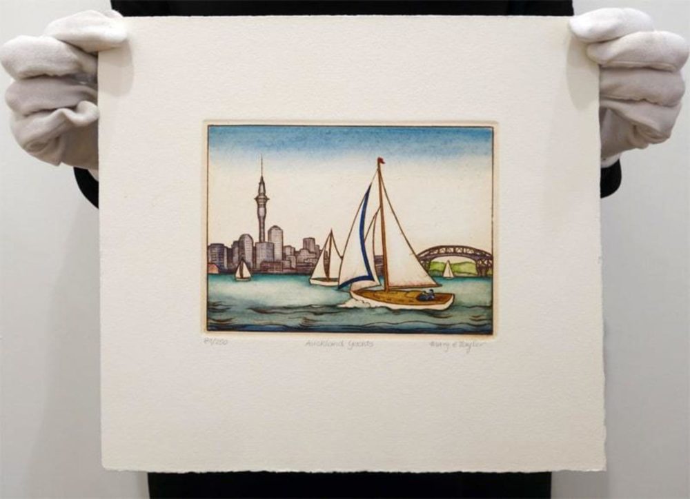 Mary Taylor Auckland Yachts hand coloured NZ landscape etching limited edition print at Parnell Gallery Auckland NZ