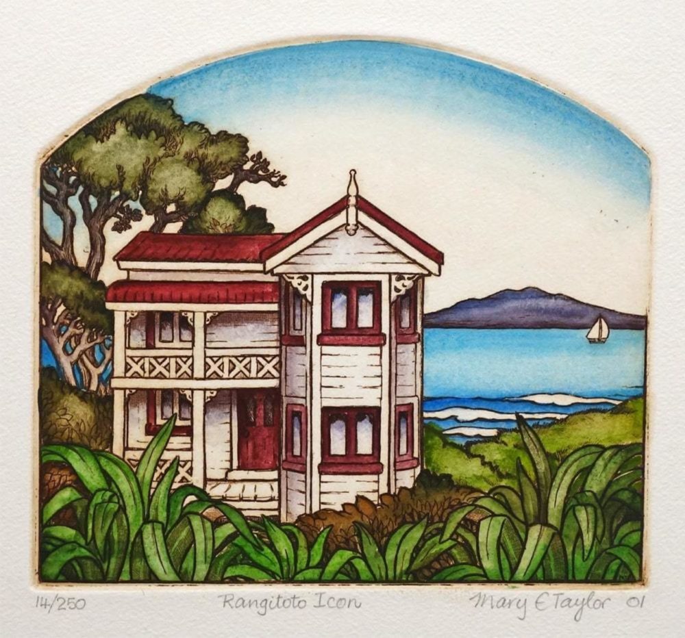 Mary Taylor Rangitoto Icon hand coloured NZ landscape etching limited edition print at Parnell Gallery Auckland NZ