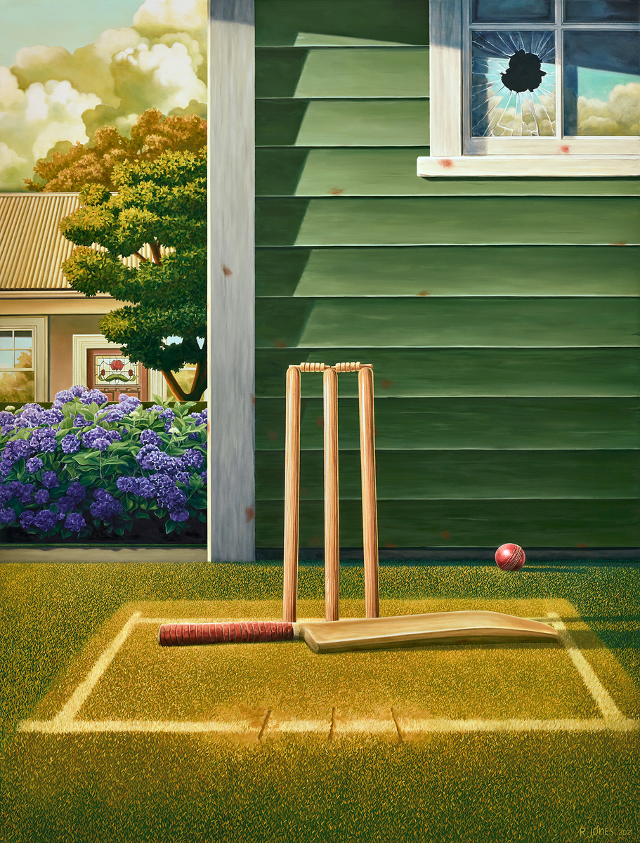 Ross Jones First Slip oil on canvas painting cricket stumps at Parnell Gallery Auckland NZ