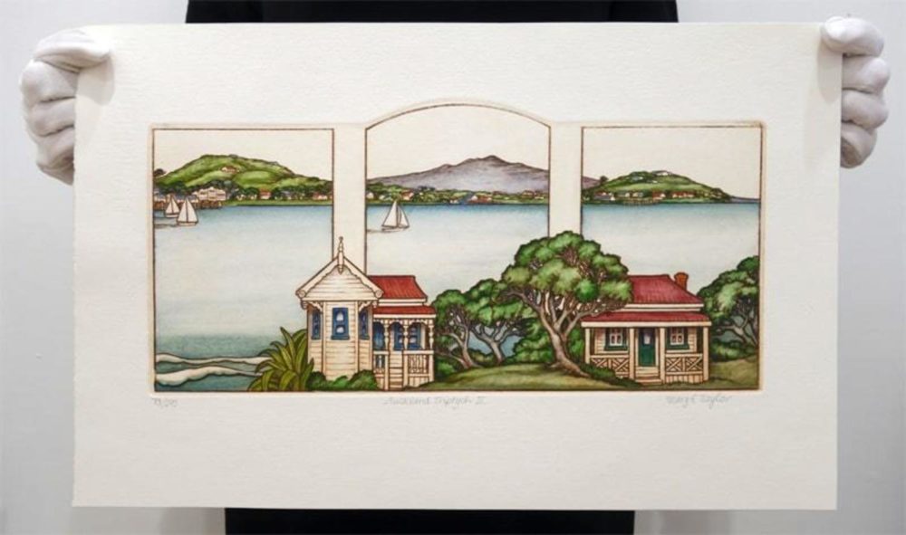 Mary Taylor Auckland Triptych II hand coloured NZ landscape etching limited edition print at Parnell Gallery Auckland NZ