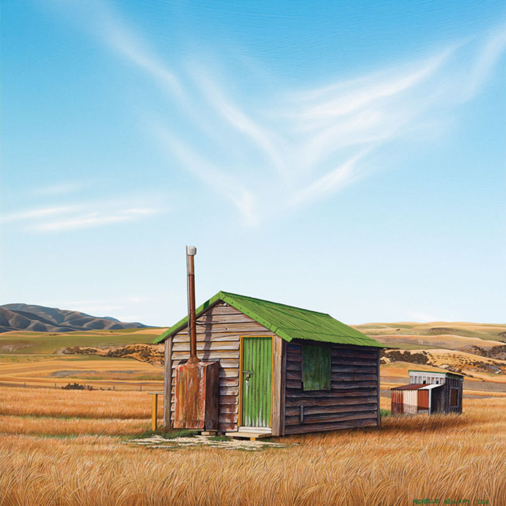 Michelle Bellamy Little Green Roof Hut, NZ limited edition fine art landscape print at Parnell Gallery Auckland NZ