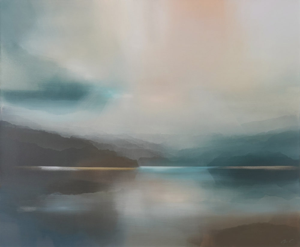 Turquoise Waters original abstracted landscape painting by renowned NZ artist Greer Clayton at Parnell Gallery Auckland NZ