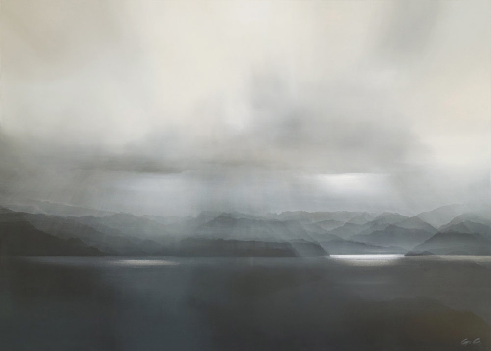 Southern Sunshower original abstracted landscape painting by renowned NZ artist Greer Clayton at Parnell Gallery Auckland NZ