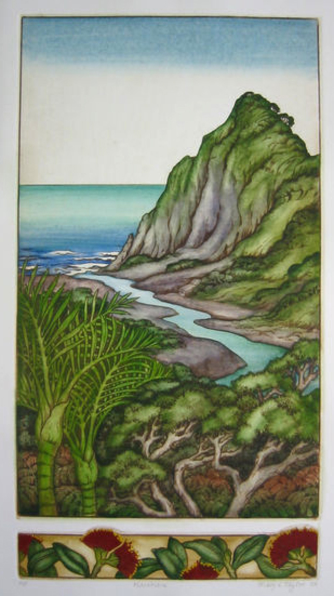 Mary Taylor Karekare hand coloured NZ landscape etching limited edition print at Parnell Gallery Auckland NZ