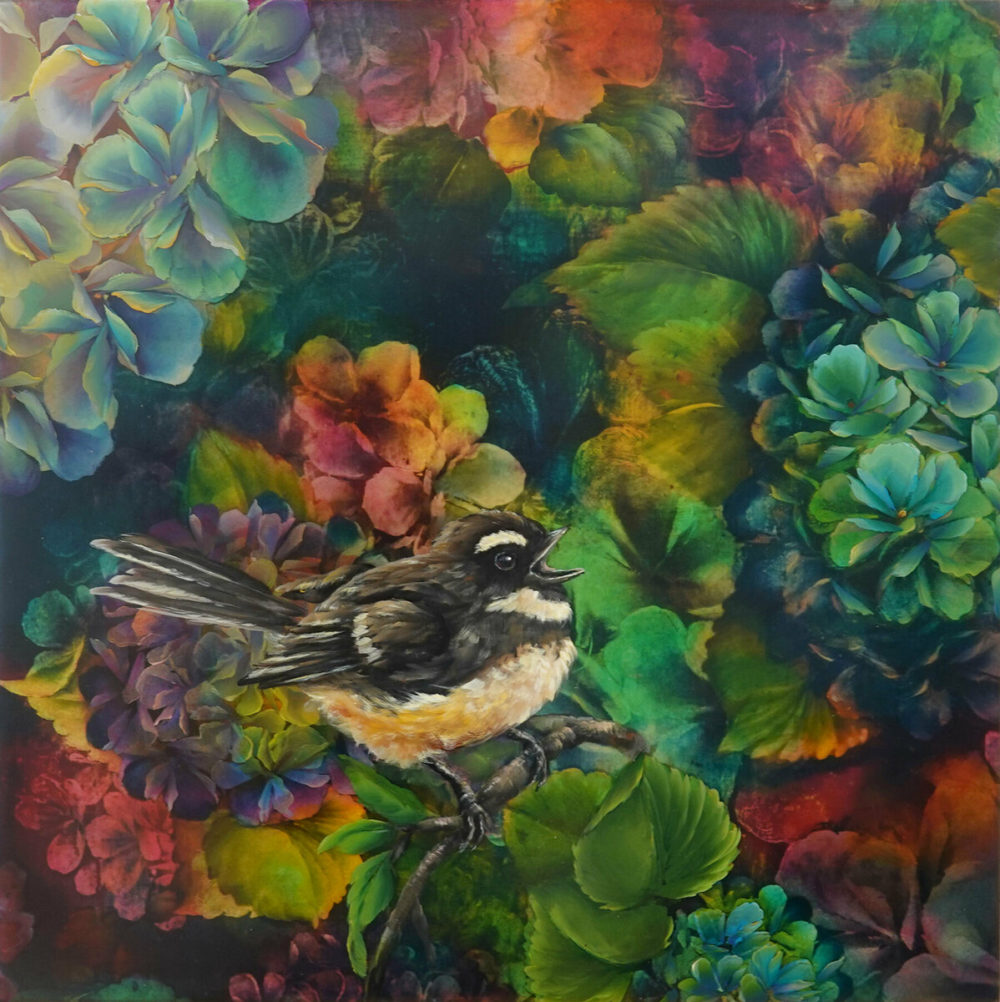 Janette Cervin, Piwakawaka Calling original mixed media & resin painting at Parnell Gallery Auckland NZ