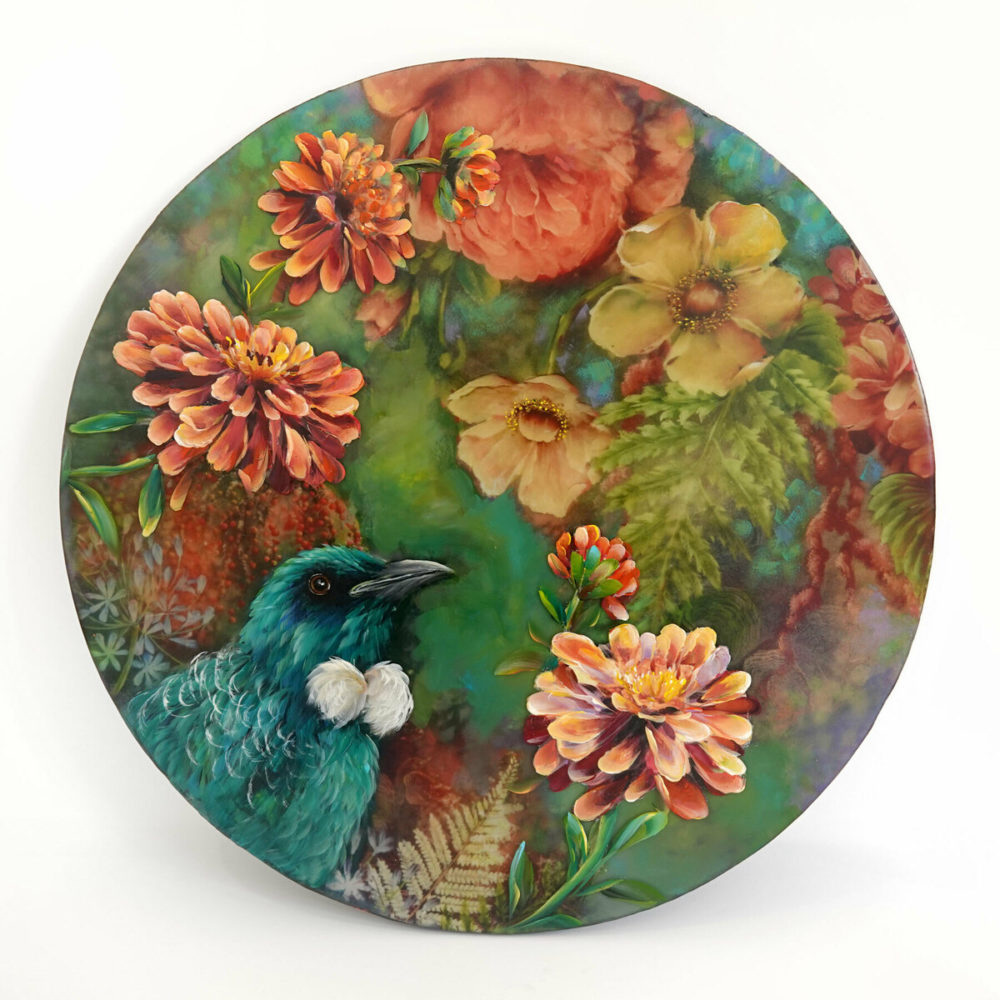 Janette Cervin, Tui & Flowers original mixed media & resin painting at Parnell Gallery Auckland NZ