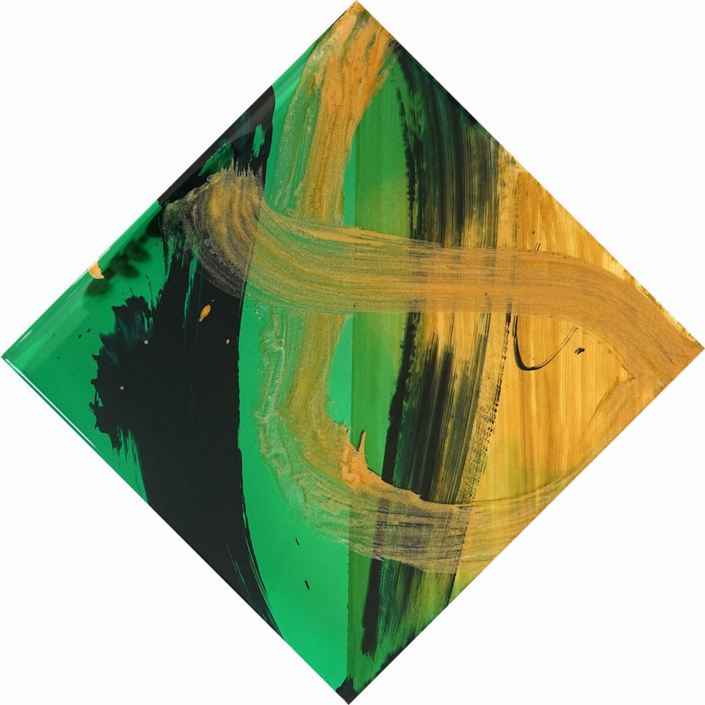 Sally Bulling, Begin Again - Emerald Green and Honey Gold original contemporary abstract resin painting at Parnell Gallery Auckland NZ