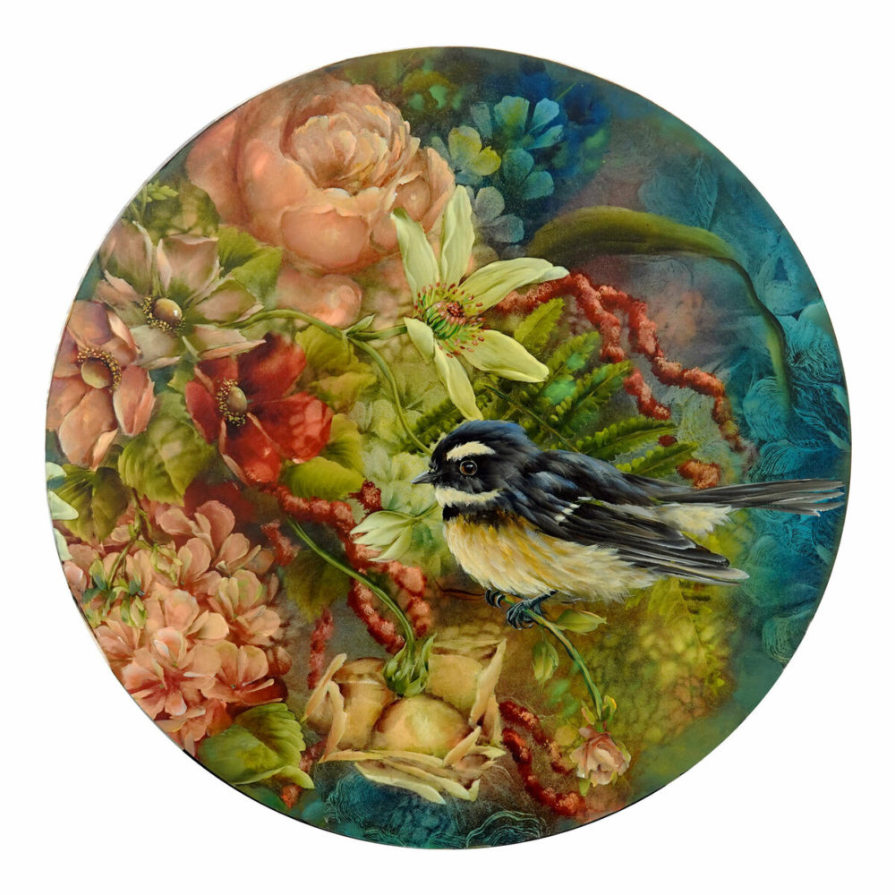 Janette Cervin, Piwakawaka in the Garden original mixed media & resin painting at Parnell Gallery Auckland NZ