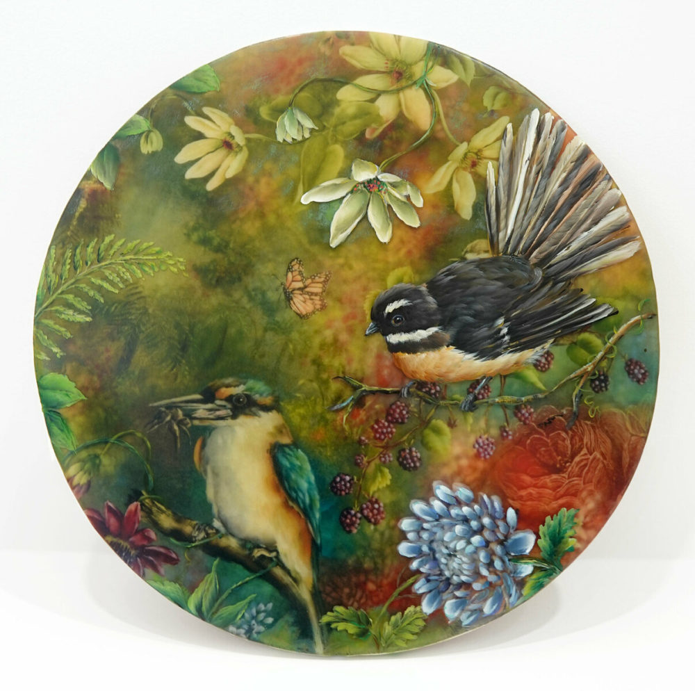Janette Cervin, Piwakawaka and Kotare original mixed media & resin painting at Parnell Gallery Auckland NZ