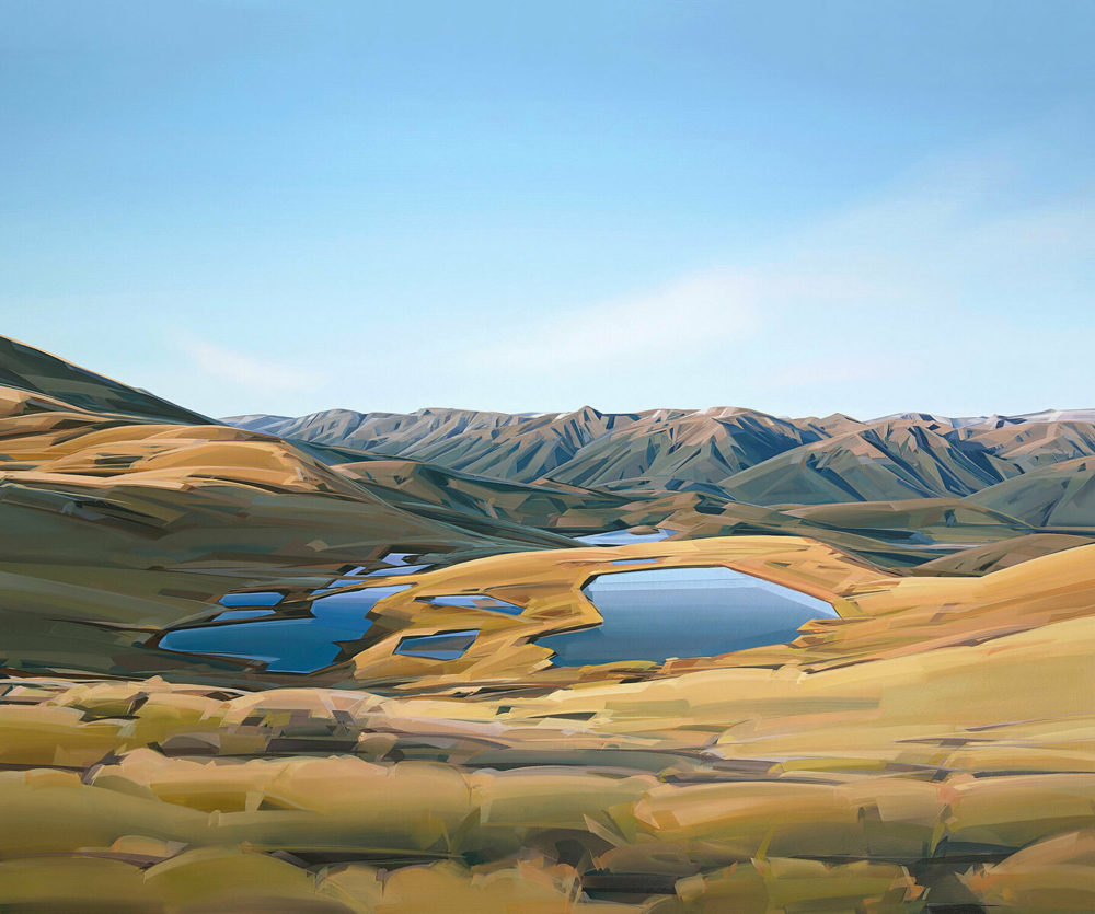 Caroline Bellamy, First Light, Mt Burn, Fiordland original New Zealand landscape painting at Parnell Gallery Auckland NZ