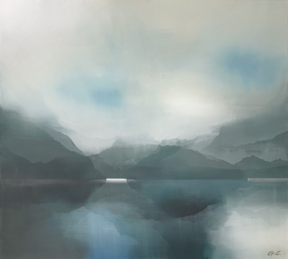 Blue Peeks Through II original abstracted landscape painting by renowned NZ artist Greer Clayton at Parnell Gallery Auckland NZ