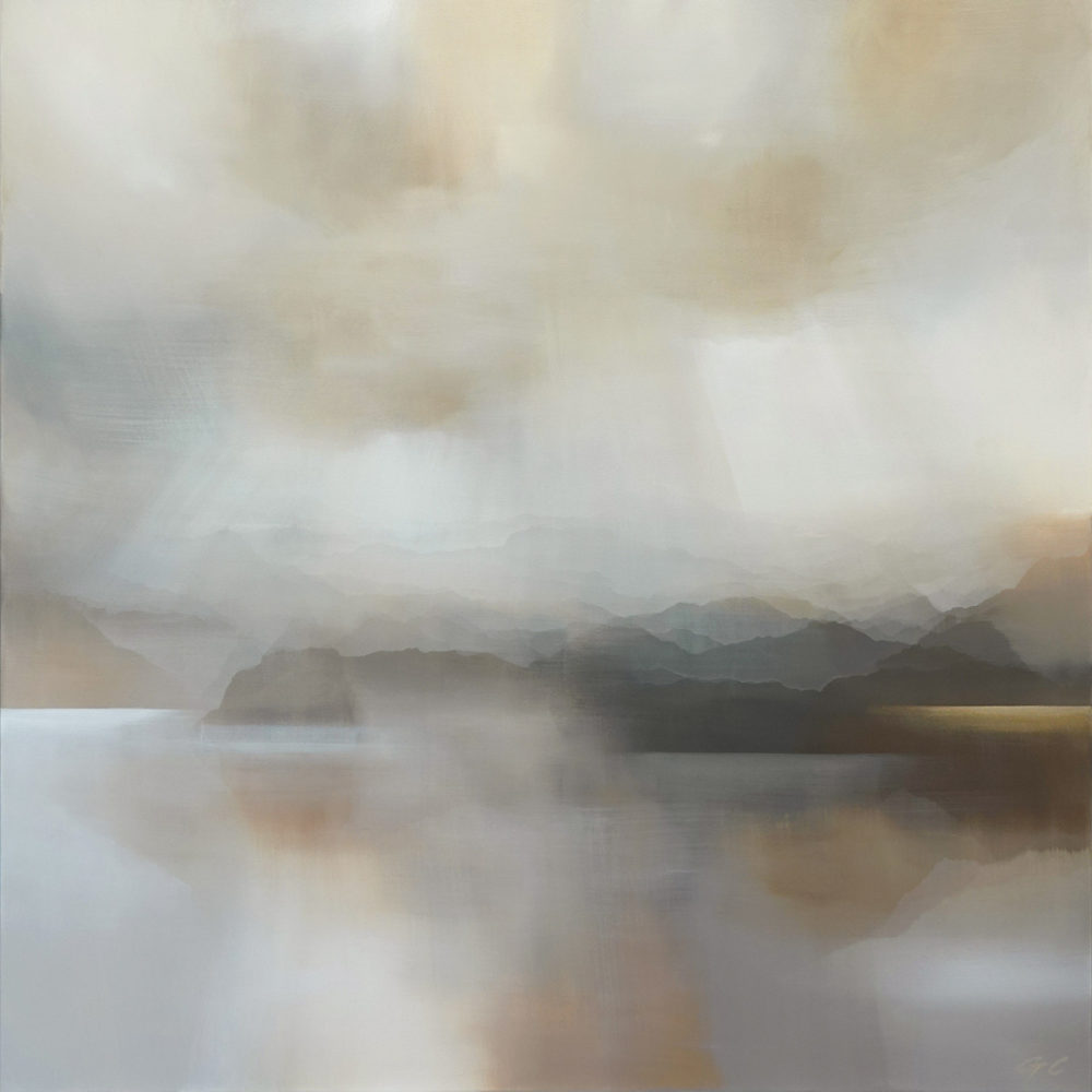 Lakeside Gold original abstracted landscape painting by renowned NZ artist Greer Clayton at Parnell Gallery Auckland NZ