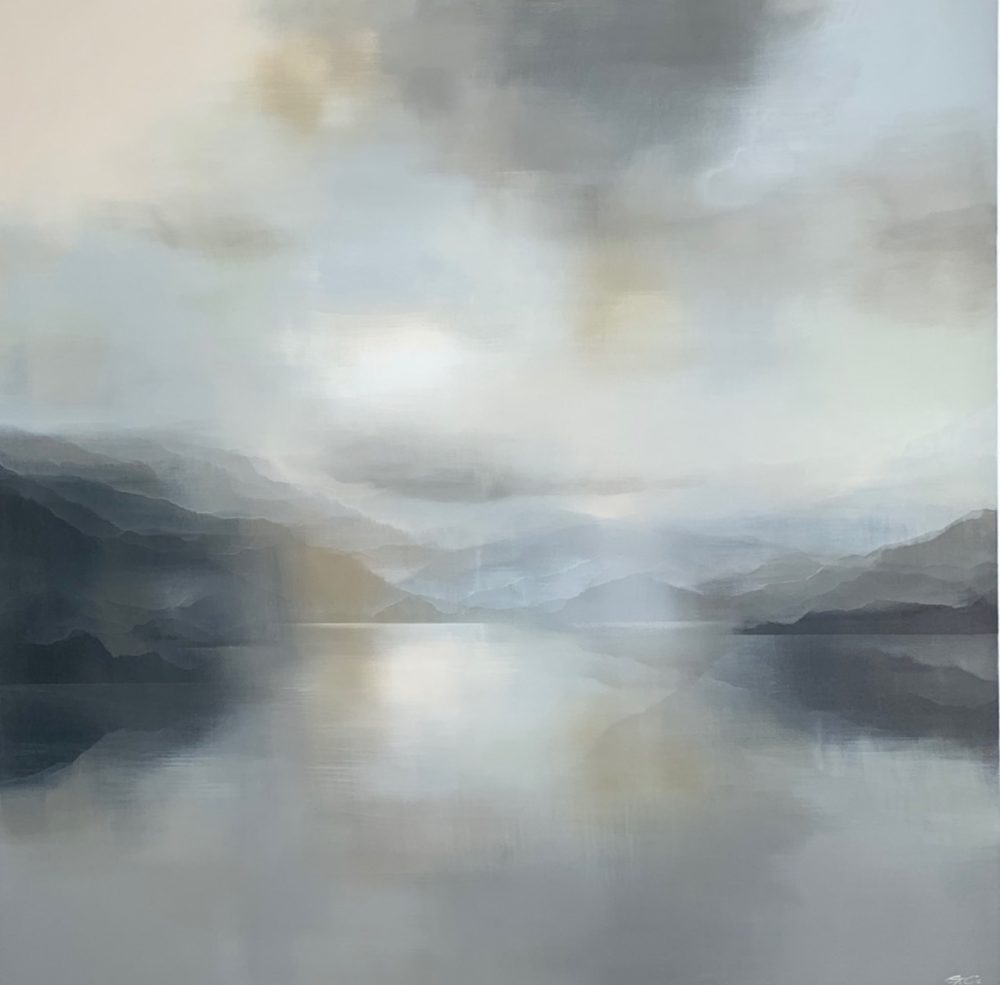 Golden Rolling Thunder original abstracted landscape painting by renowned NZ artist Greer Clayton at Parnell Gallery Auckland NZ